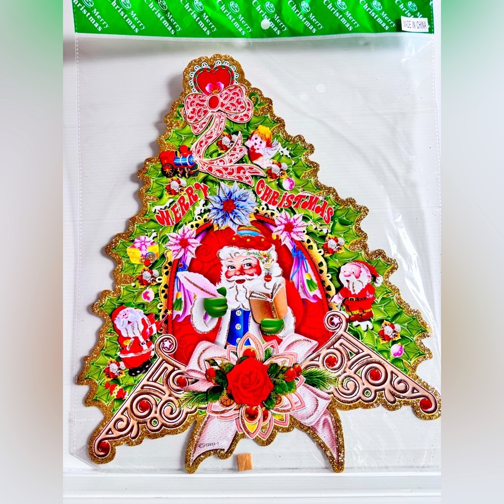 Vintage Glitter Santa Christmas Tree Wall Decoration